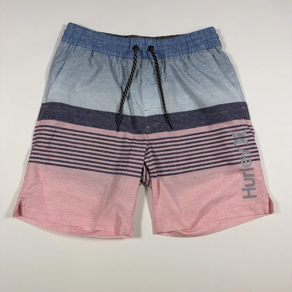 Hurley Mens Small Lined Shorts Elastic Waistband Striped Blue Pink